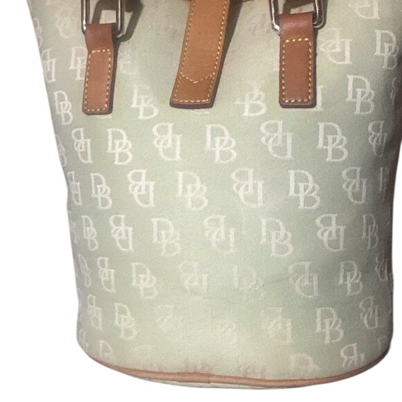 Dooney & Bourke Light Green Monogram Canvas Bucket Tote Bag With Leather Trim - Picture 14 of 16